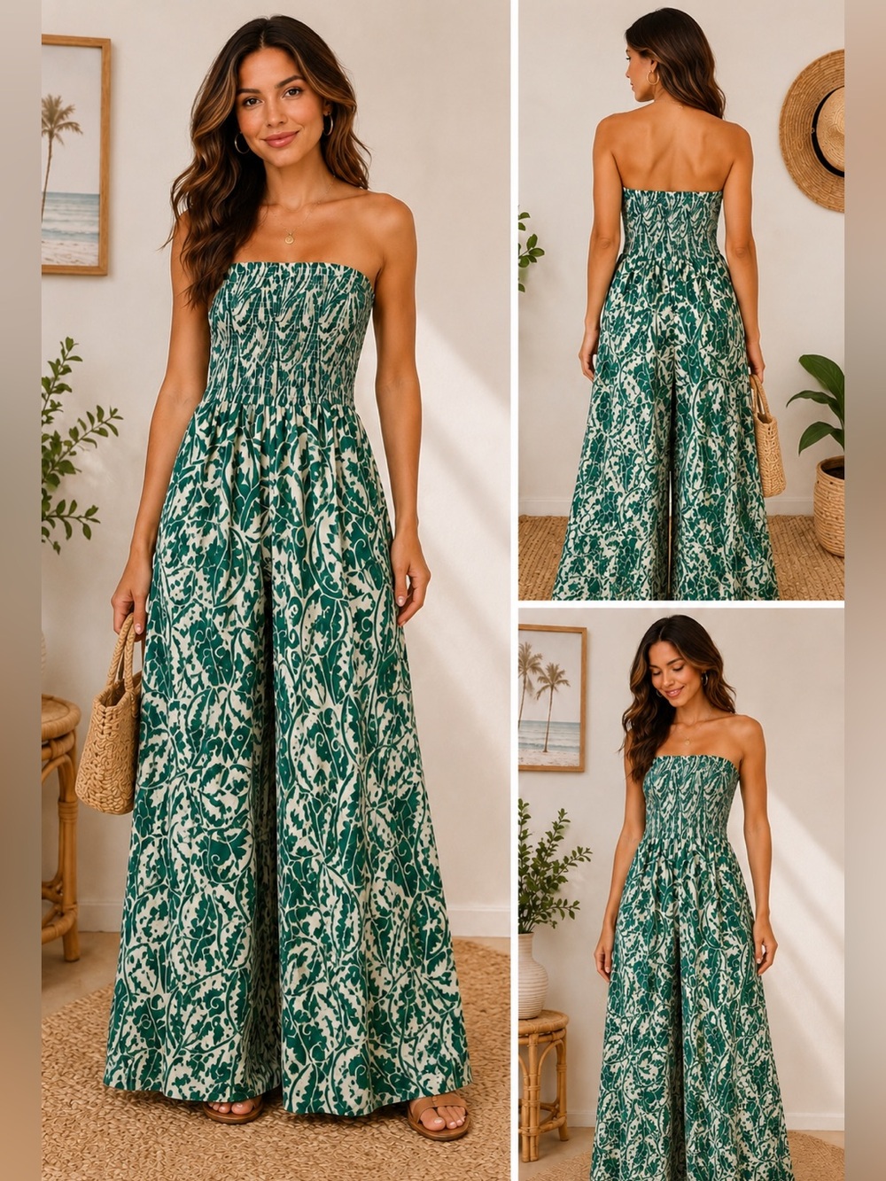 Miss Avenue Green & White Strapless Wide-Leg Jumpsuit - Tropical Print